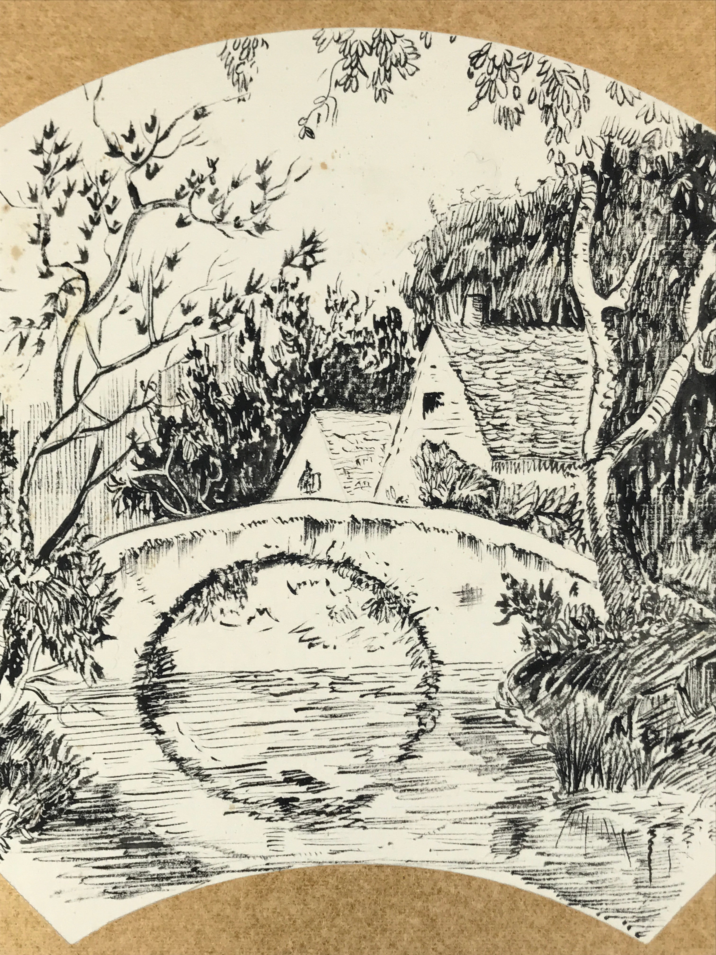 Japanese Shikishi Art Board Vtg Bridge River Village Landscape Black White A622