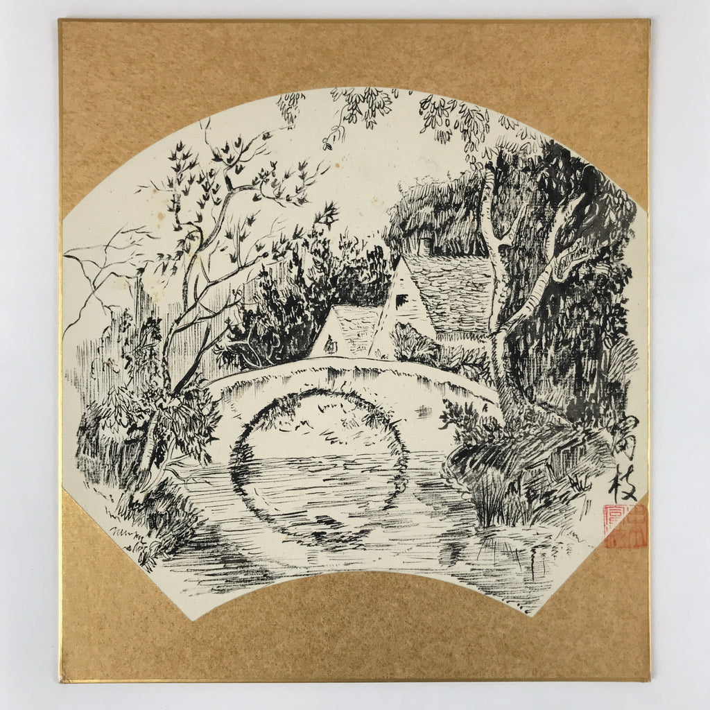 Japanese Shikishi Art Board Vtg Bridge River Village Landscape Black White A622