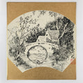 Japanese Shikishi Art Board Vtg Bridge River Village Landscape Black White A622