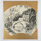 Japanese Shikishi Art Board Vtg Bridge River Village Landscape Black White A622