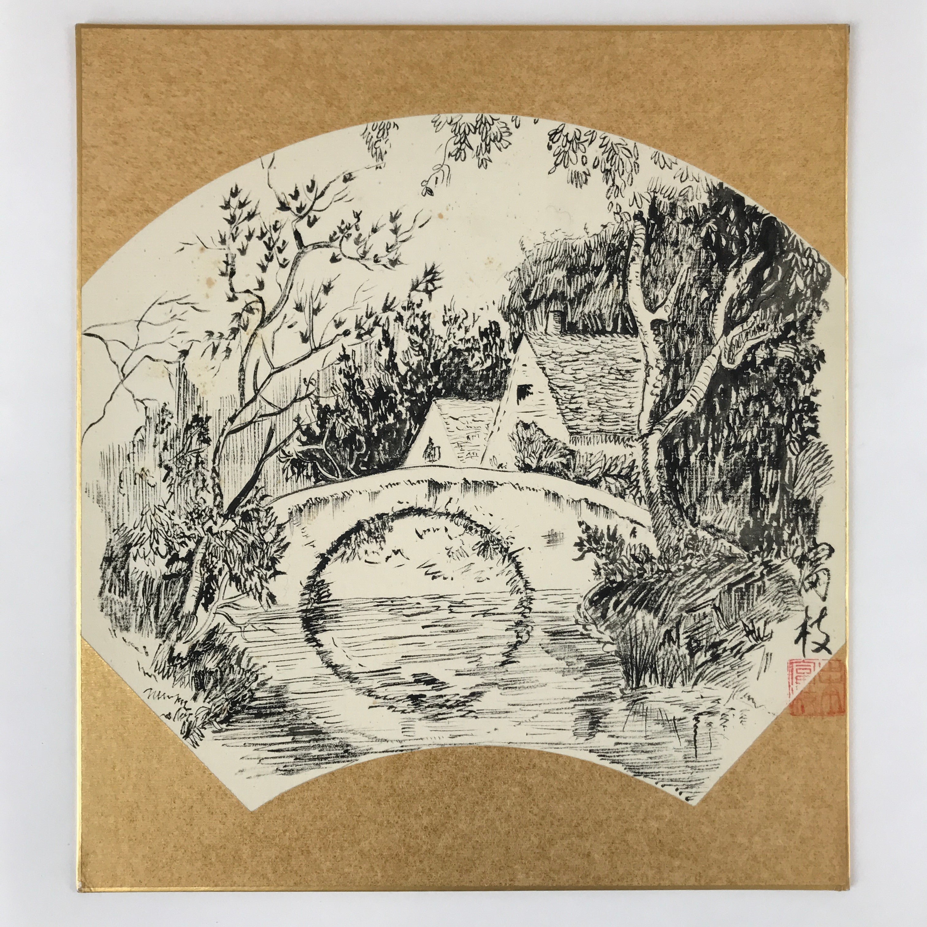 Japanese Shikishi Art Board Vtg Bridge River Village Landscape Black White A622