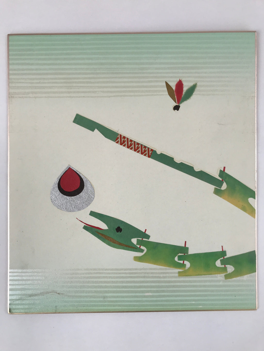 Japanese Shikishi Art Board Vtg Chigiri Takehebi Bamboo Snake Toy Green A623