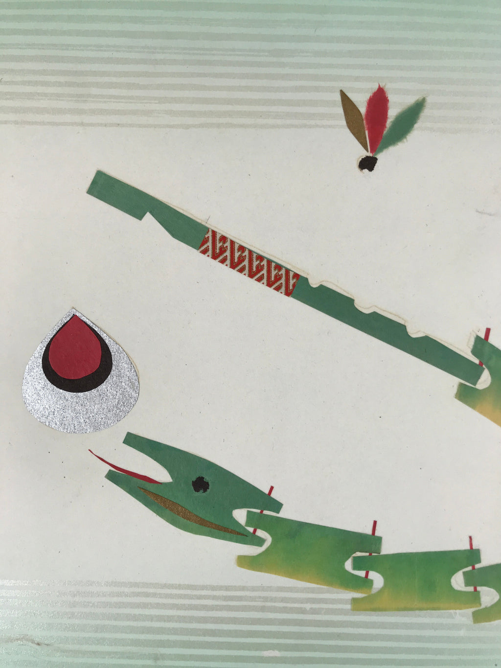 Japanese Shikishi Art Board Vtg Chigiri Takehebi Bamboo Snake Toy Green A623