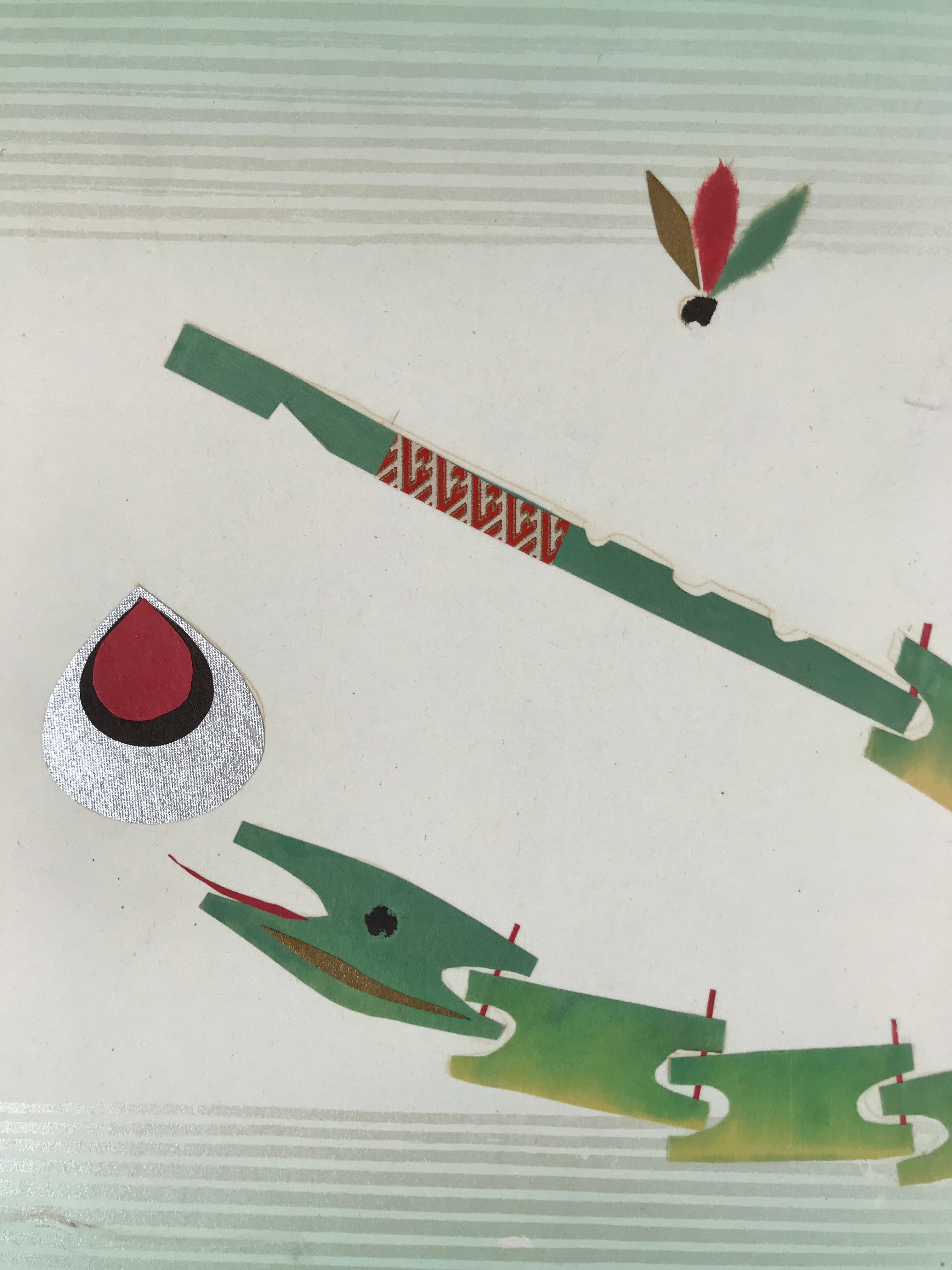 Japanese Shikishi Art Board Vtg Chigiri Takehebi Bamboo Snake Toy Green A623
