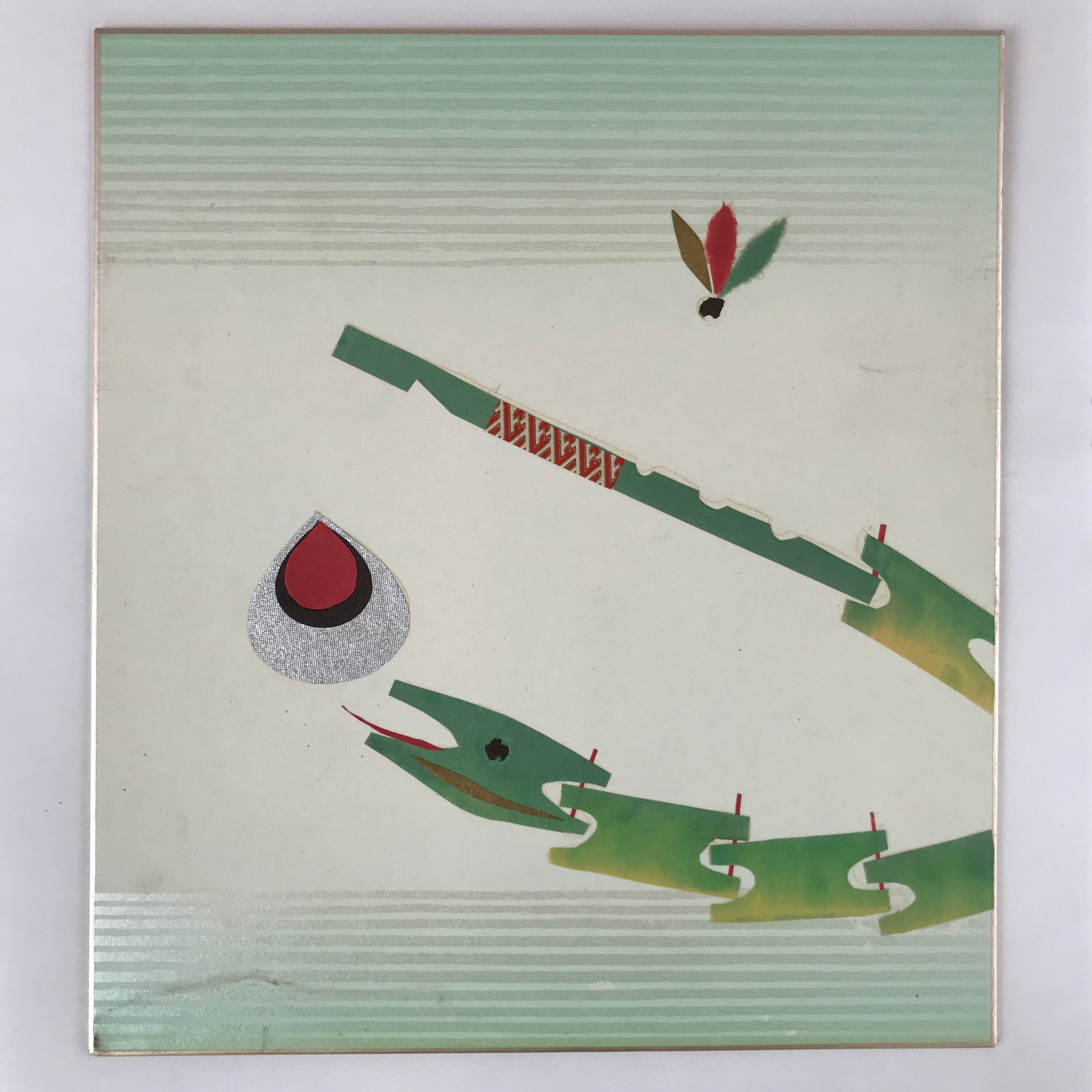 Japanese Shikishi Art Board Vtg Chigiri Takehebi Bamboo Snake Toy Green A623