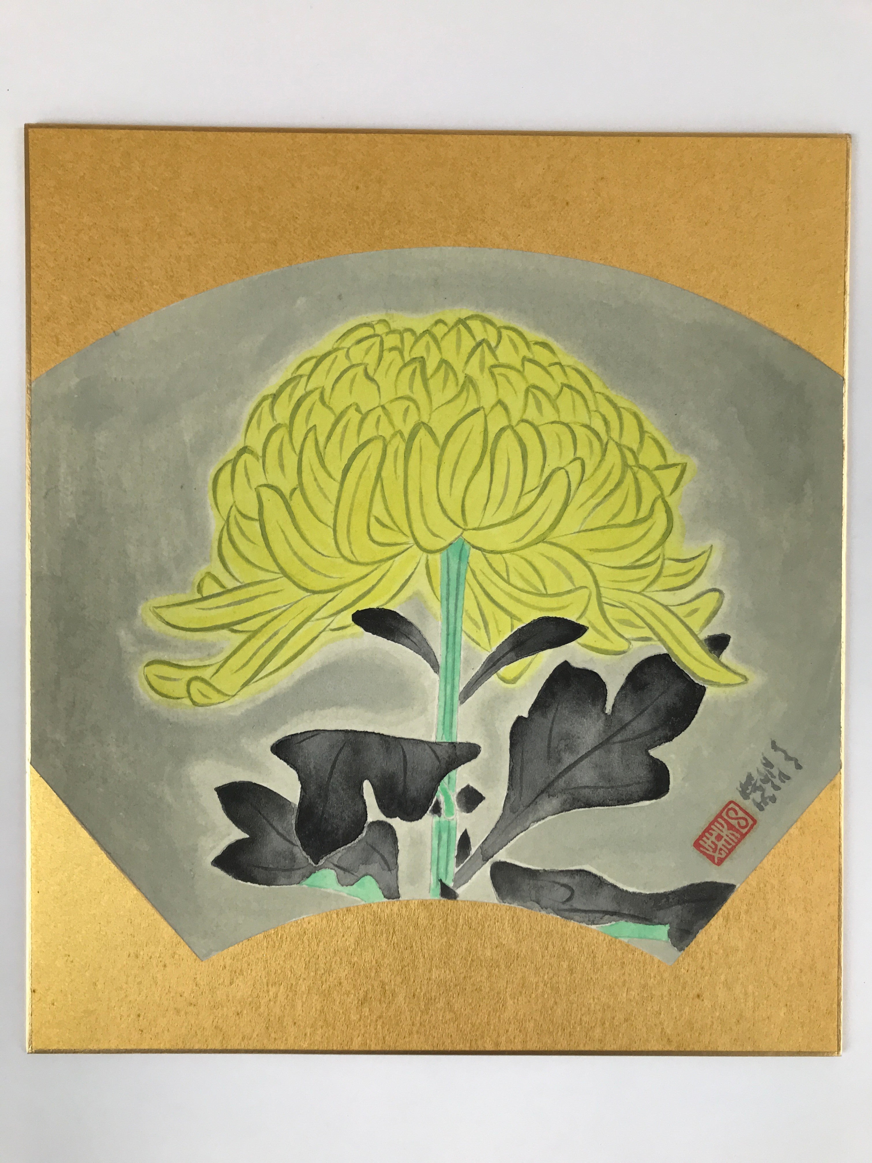 Japanese Shikishi Art Board Vtg Chrysanthemum Yellow Green Black Gold A620