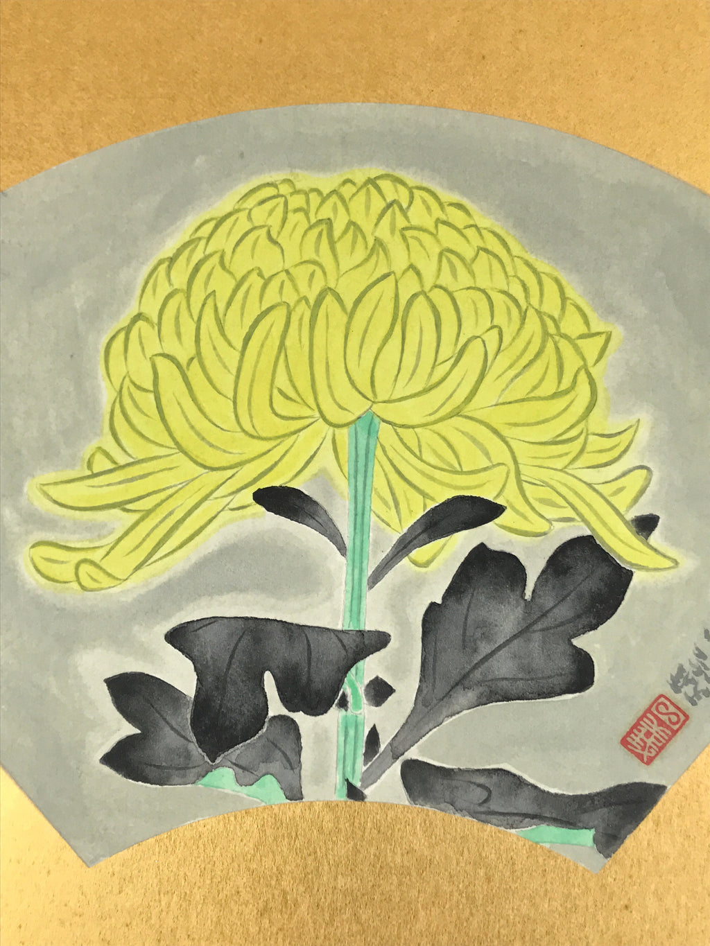 Japanese Shikishi Art Board Vtg Chrysanthemum Yellow Green Black Gold A620