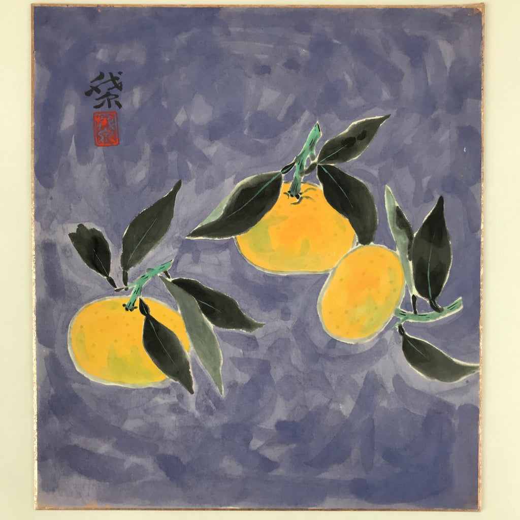 Japanese Shikishi Art Board Vtg Mikan Orange Fruit Blue Black Green A639