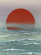 Japanese Shikishi Art Board Vtg Nihonga Sunrise Waves Akita Eiho Orange A635