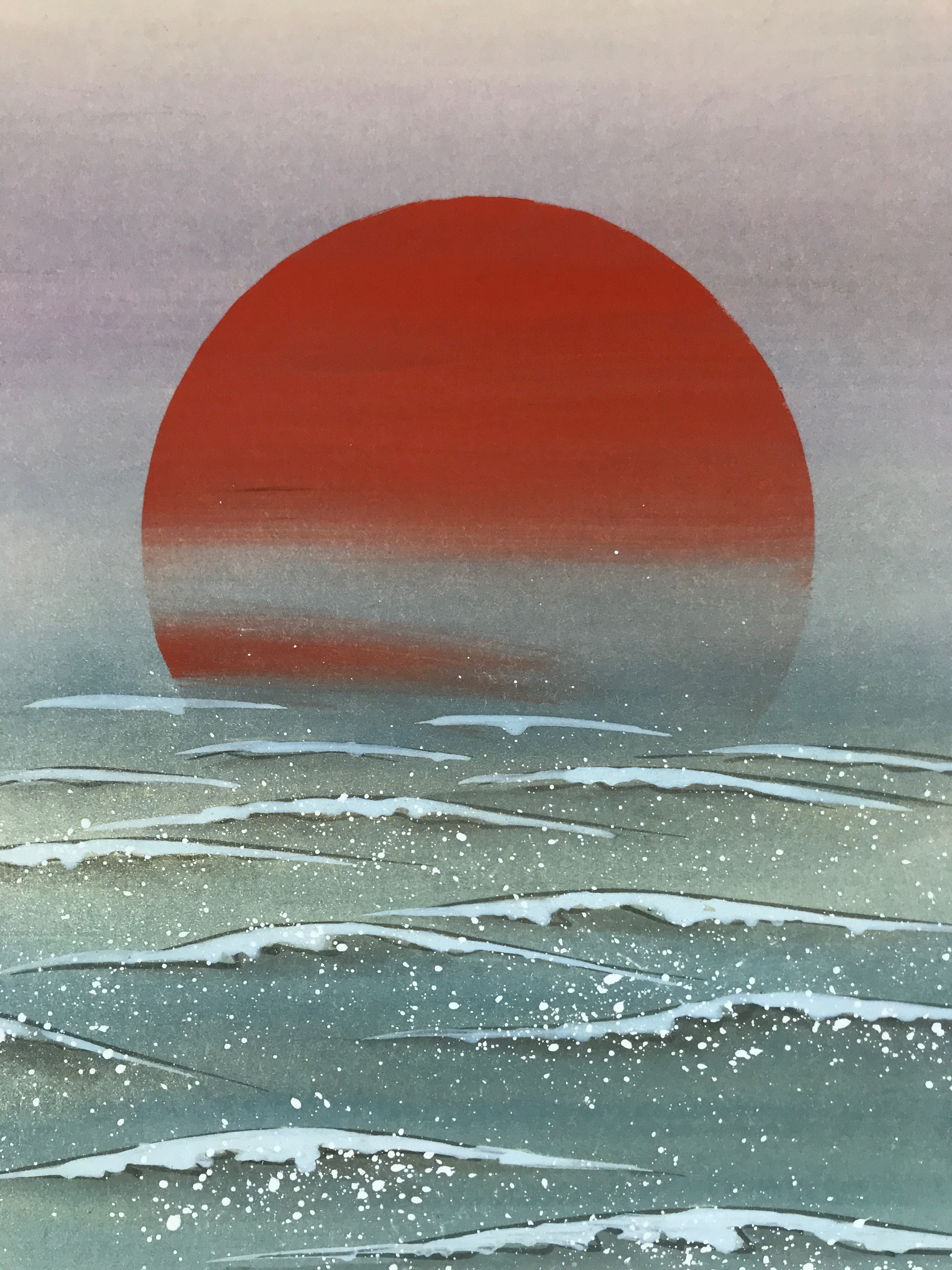 Japanese Shikishi Art Board Vtg Nihonga Sunrise Waves Akita Eiho Orange A635