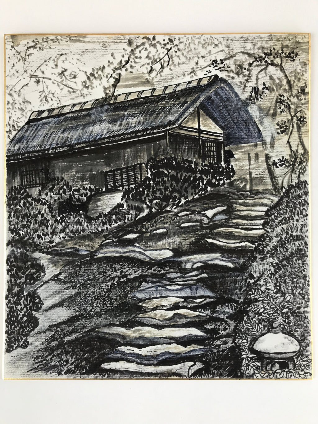 Japanese Shikishi Art Board Vtg Old House Countryside Black Ochre A631