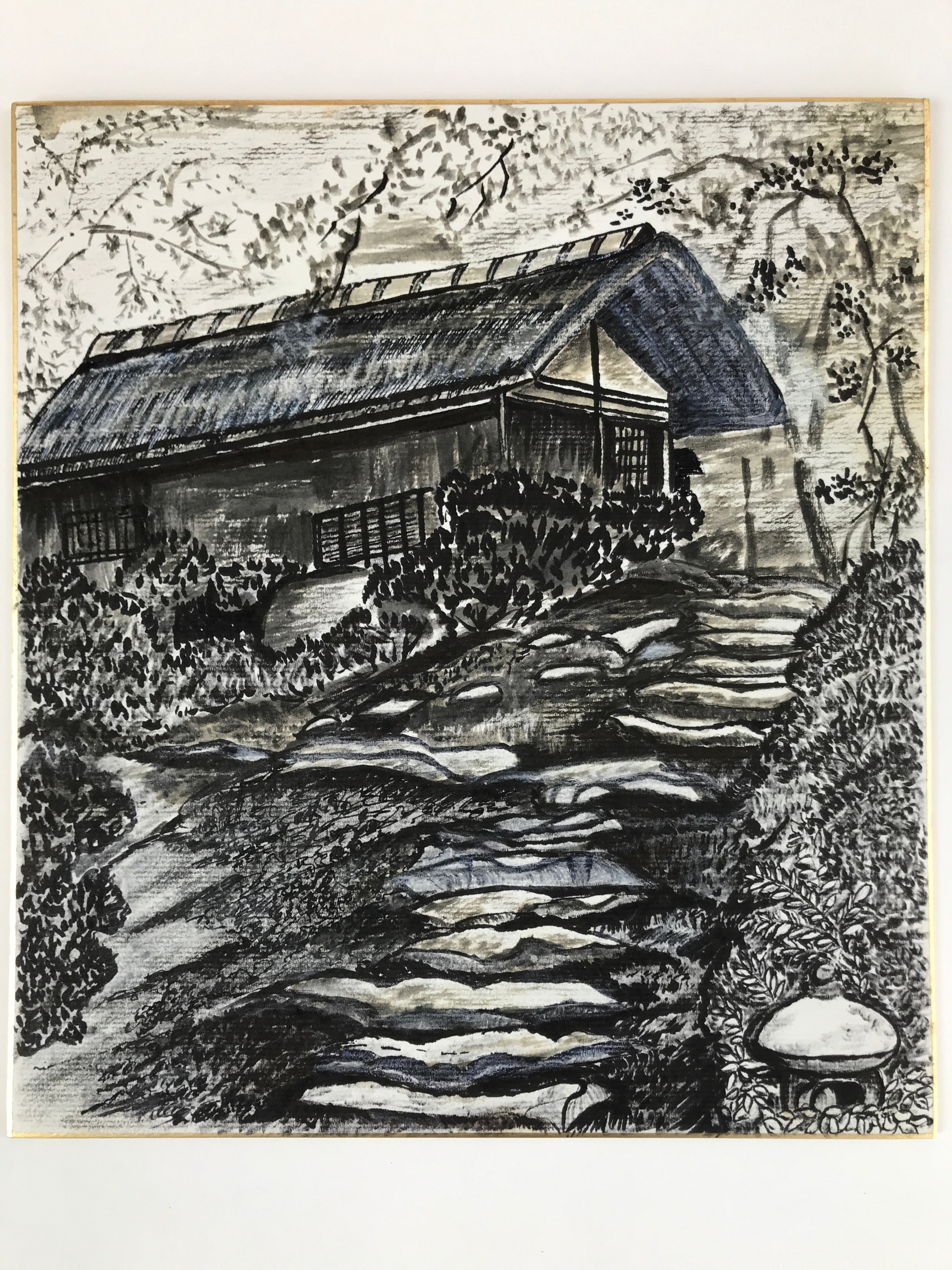 Japanese Shikishi Art Board Vtg Old House Countryside Black Ochre A631