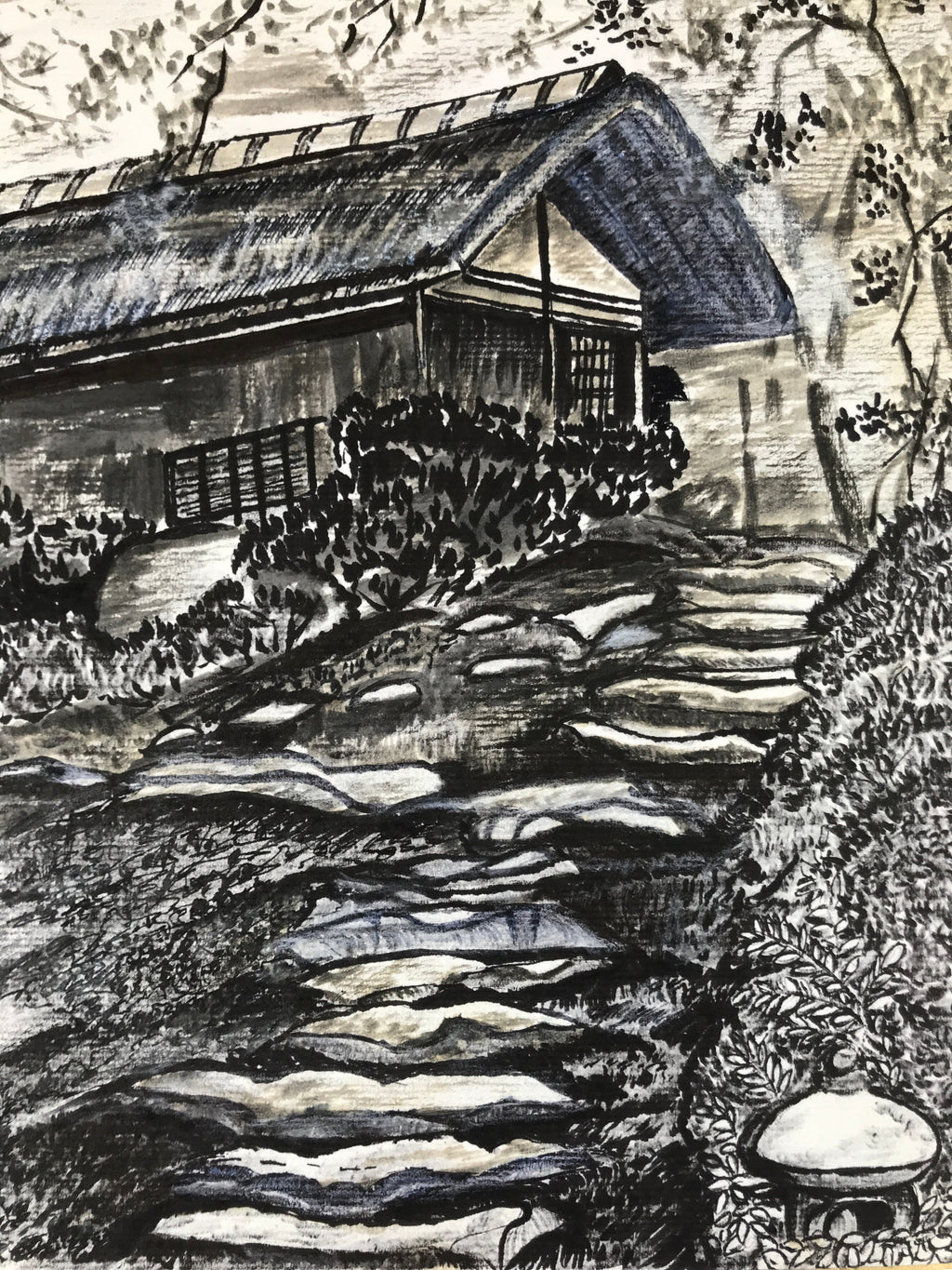 Japanese Shikishi Art Board Vtg Old House Countryside Black Ochre A631