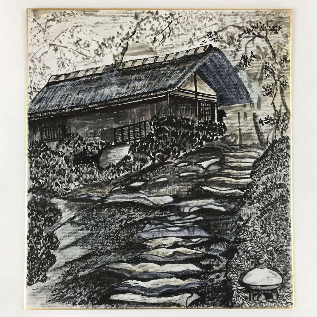 Japanese Shikishi Art Board Vtg Old House Countryside Black Ochre A631