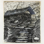 Japanese Shikishi Art Board Vtg Old House Countryside Black Ochre A631