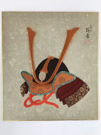 Japanese Shikishi Art Board Vtg Oshie Zaiku Silk Samurai Kabuto Helmet A630