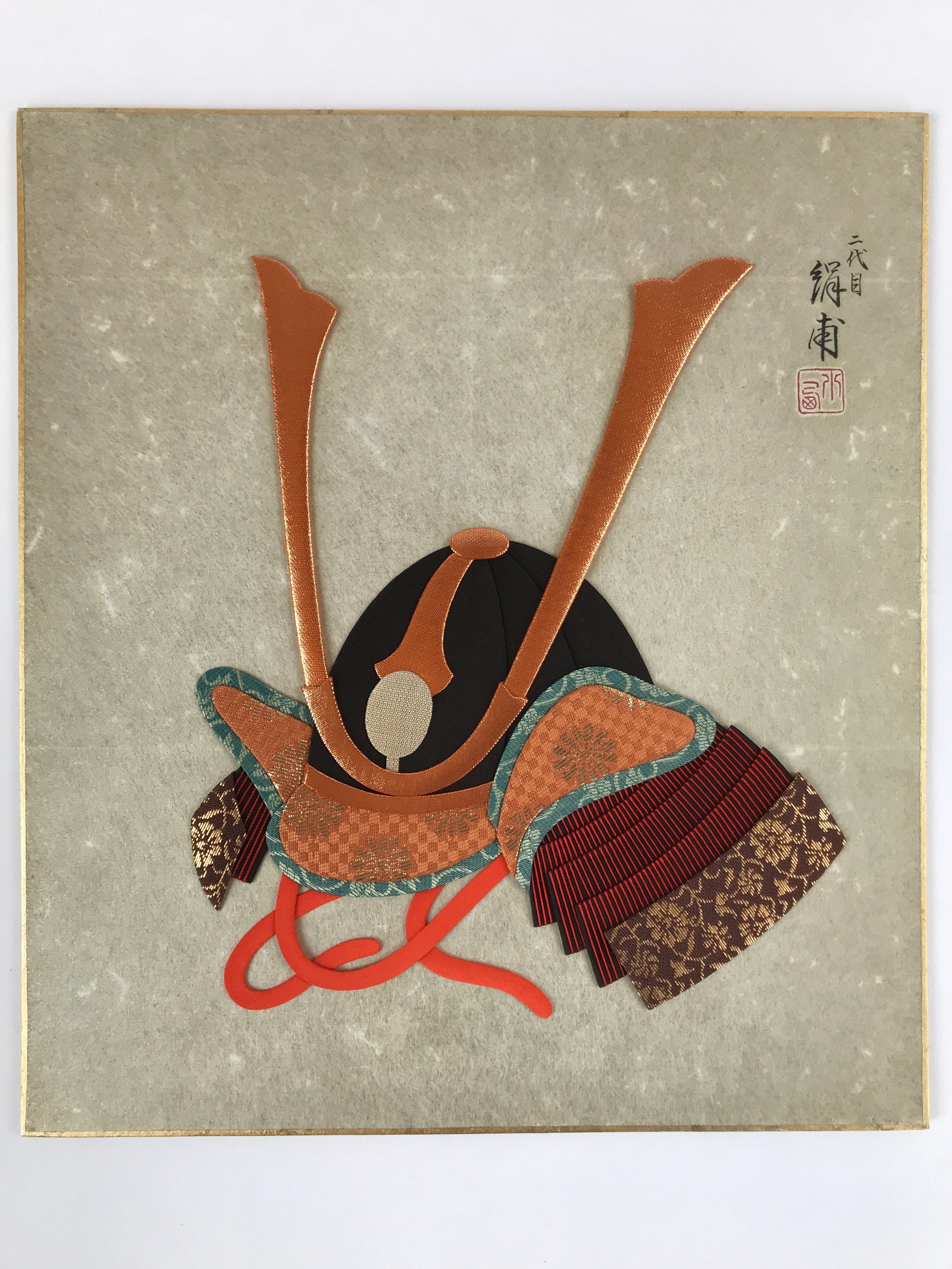 Japanese Shikishi Art Board Vtg Oshie Zaiku Silk Samurai Kabuto Helmet A630