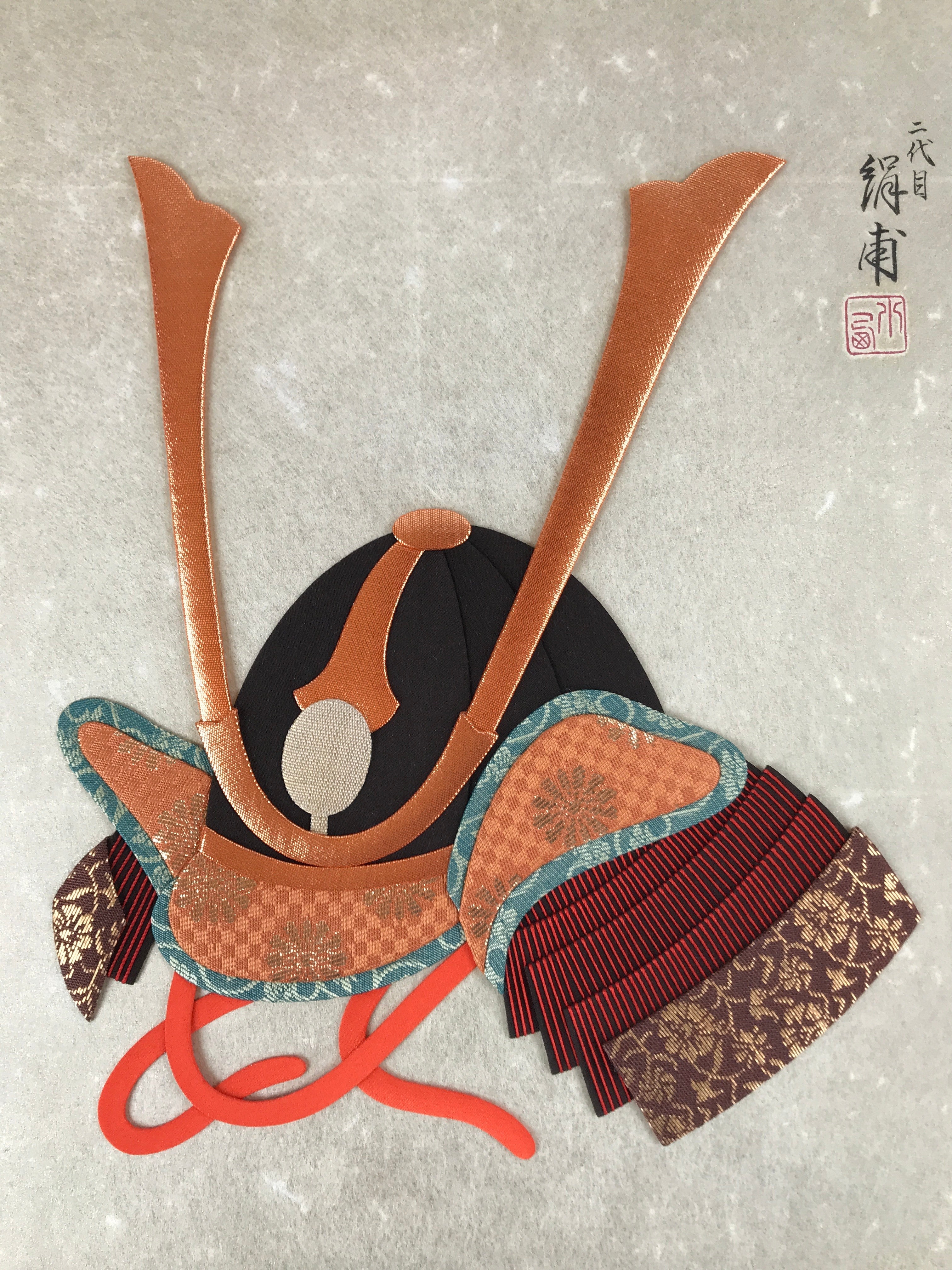 Japanese Shikishi Art Board Vtg Oshie Zaiku Silk Samurai Kabuto Helmet A630