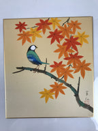 Japanese Shikishi Art Board Vtg Painting Blue Bird Red Momiji Autumn A820