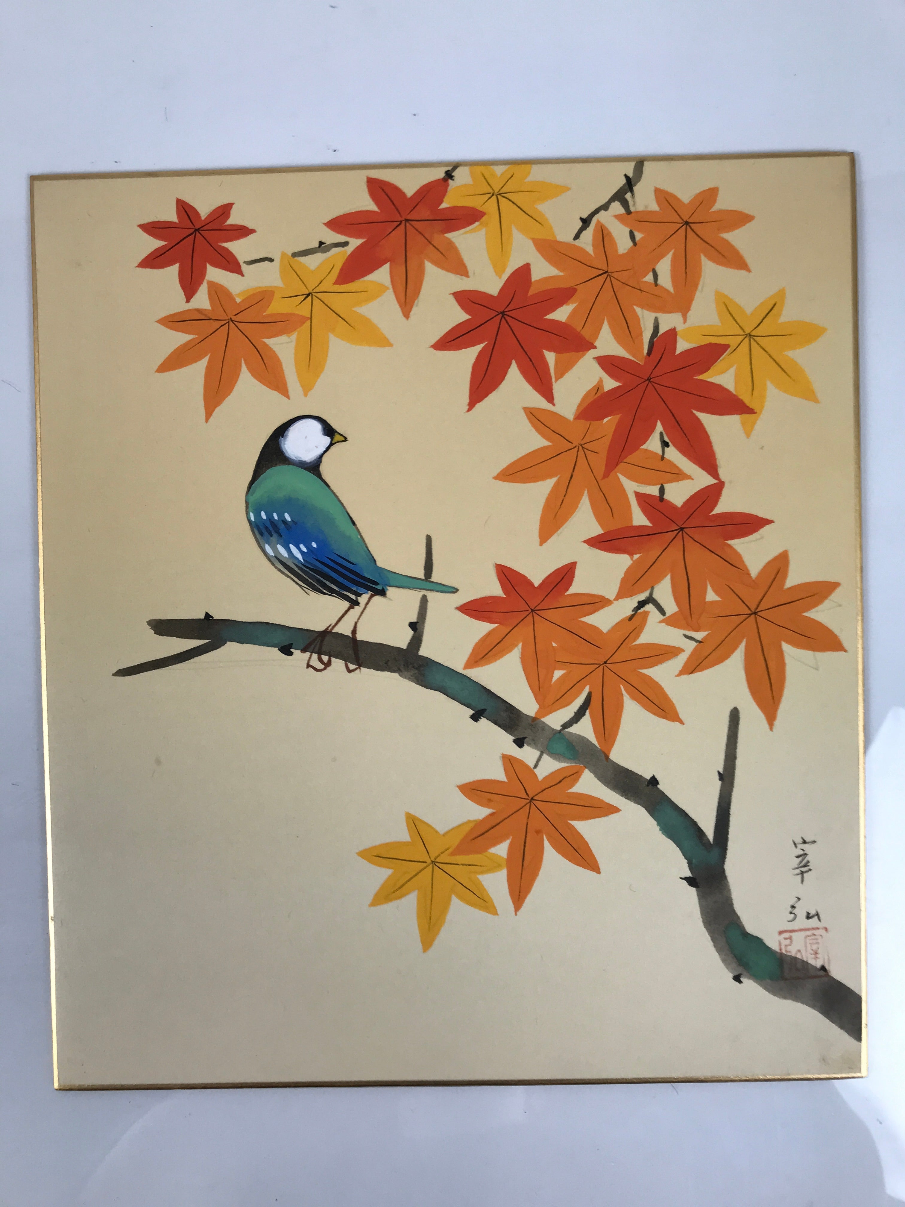 Japanese Shikishi Art Board Vtg Painting Blue Bird Red Momiji Autumn A820