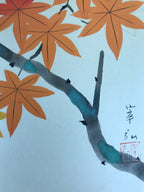 Japanese Shikishi Art Board Vtg Painting Blue Bird Red Momiji Autumn A820