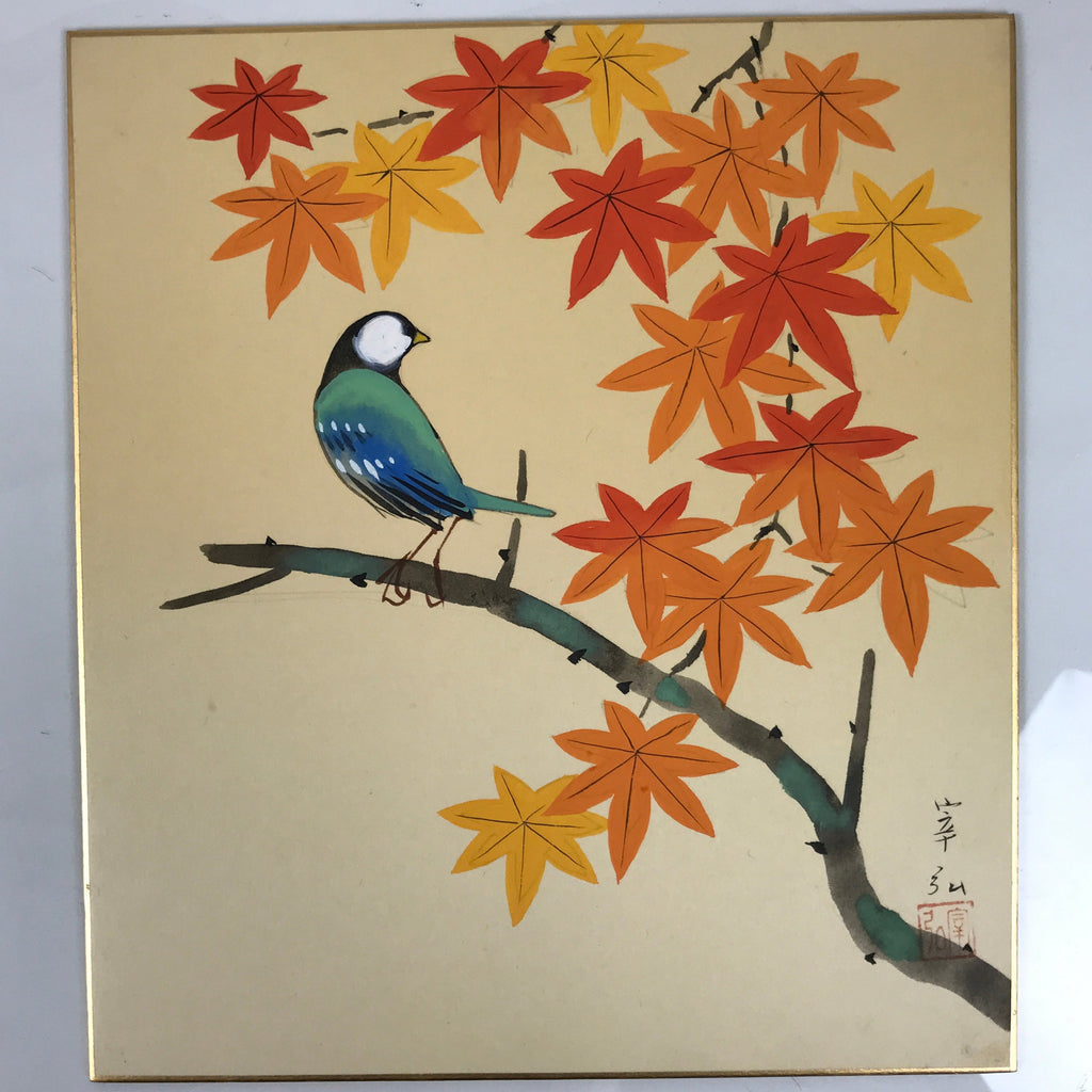 Japanese Shikishi Art Board Vtg Painting Blue Bird Red Momiji Autumn A820