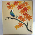 Japanese Shikishi Art Board Vtg Painting Blue Bird Red Momiji Autumn A820