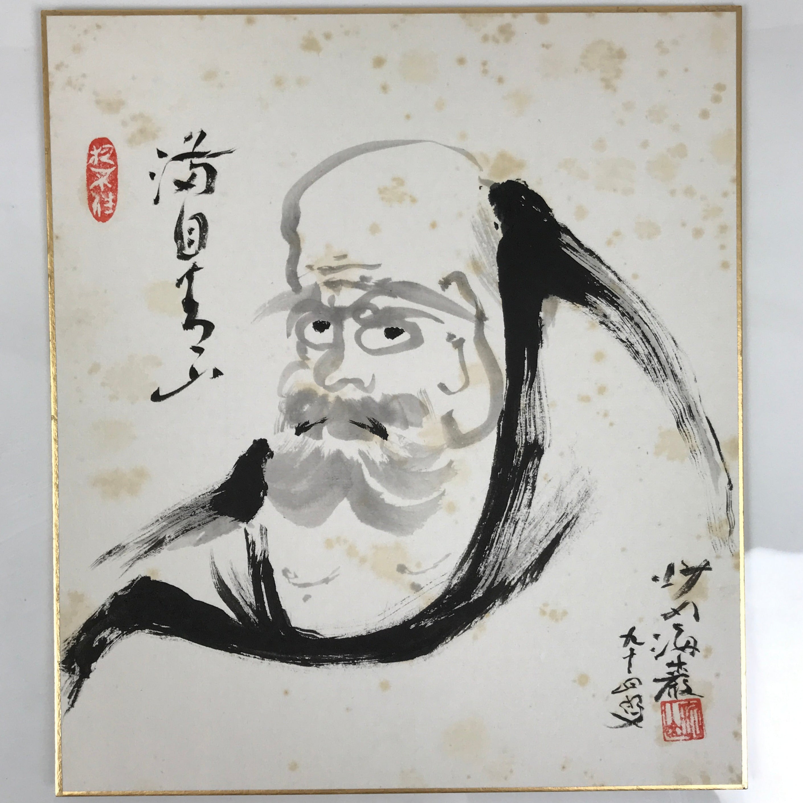Japanese Shikishi Art Board Vtg Painting Bodhidharma Monk Zen