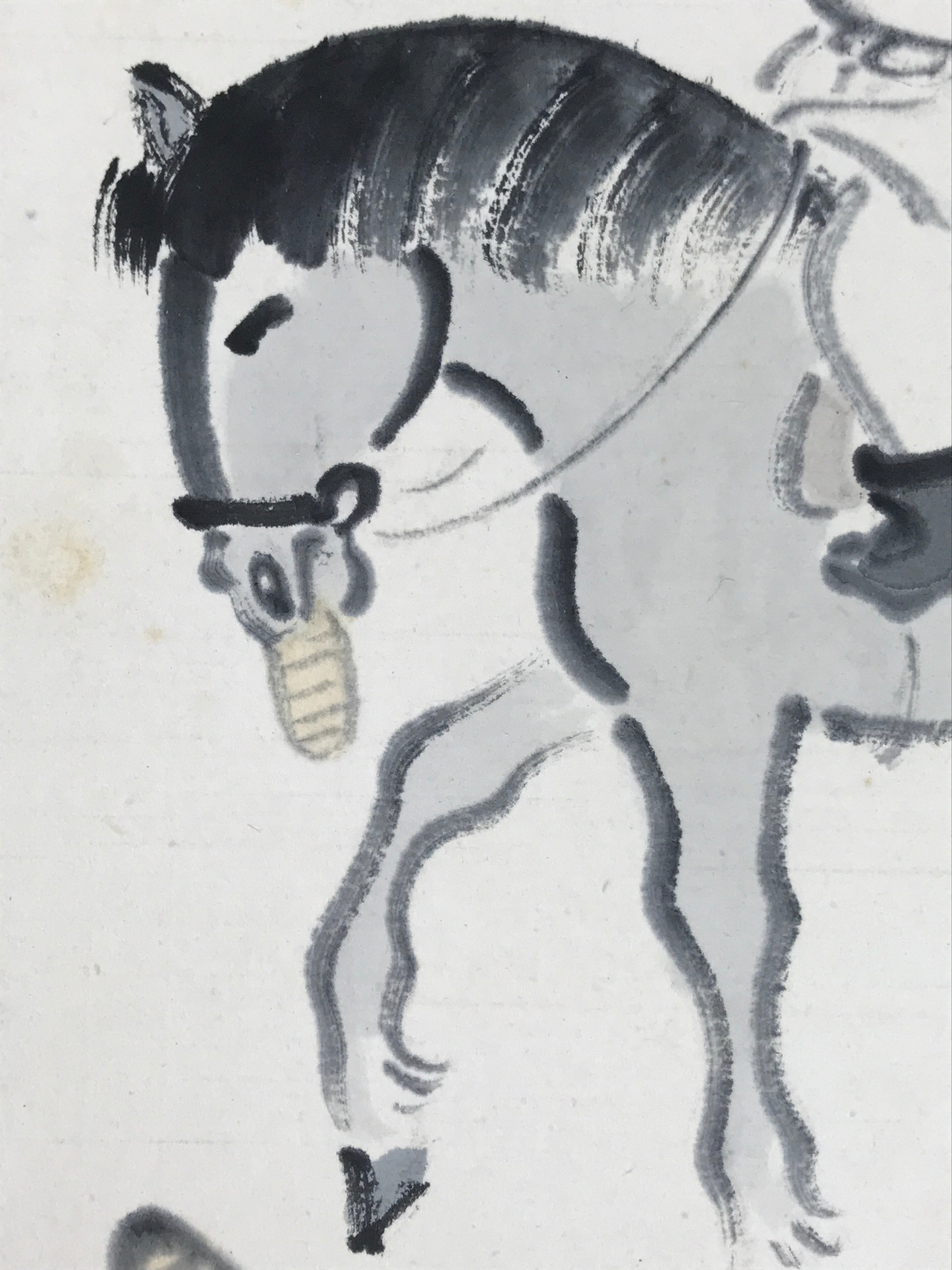 Japanese Shikishi Art Board Vtg Painting Daikokuten Horse Black White A759