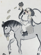 Japanese Shikishi Art Board Vtg Painting Daikokuten Horse Black White A759