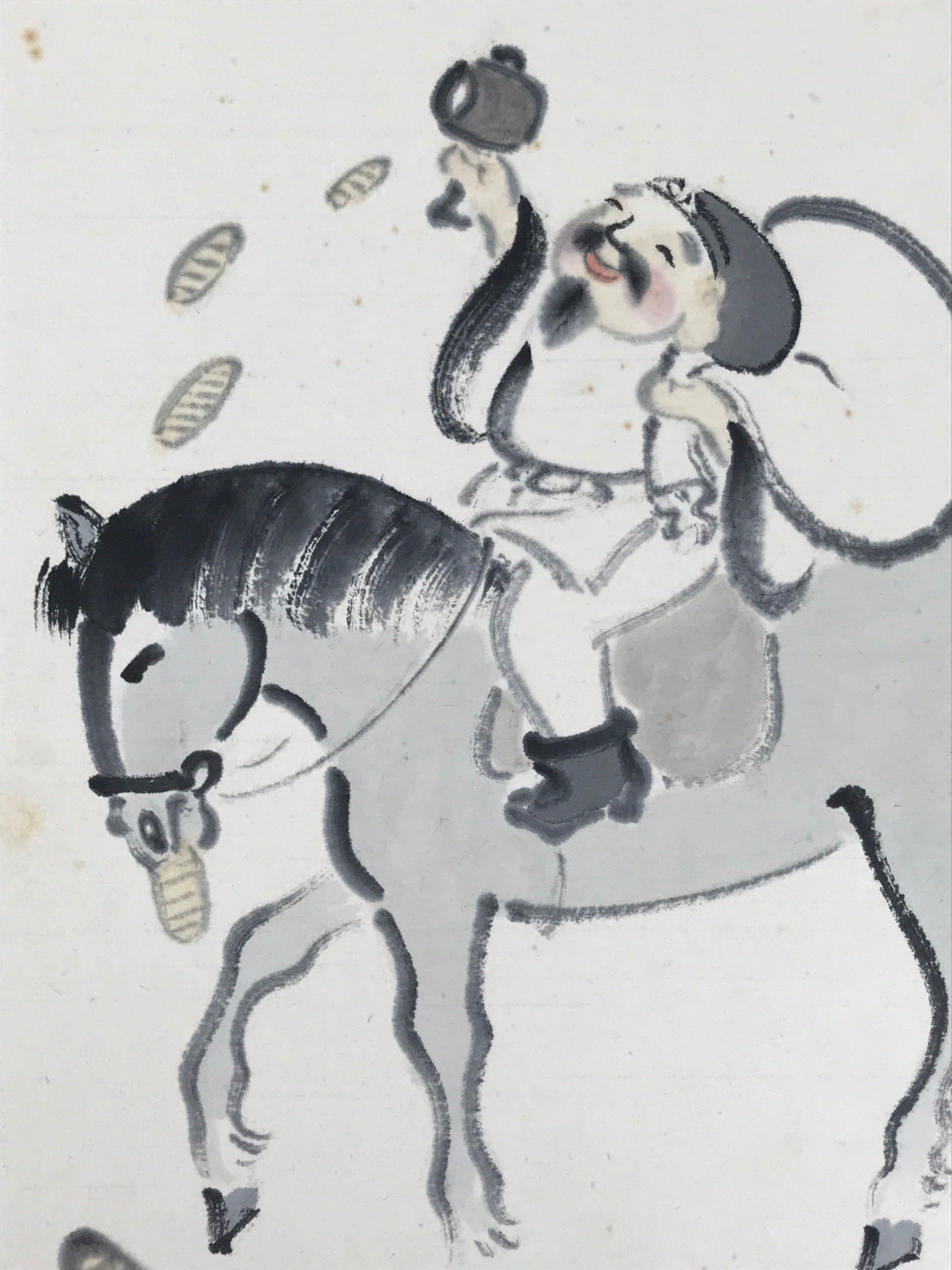 Japanese Shikishi Art Board Vtg Painting Daikokuten Horse Black White A759