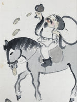 Japanese Shikishi Art Board Vtg Painting Daikokuten Horse Black White A759
