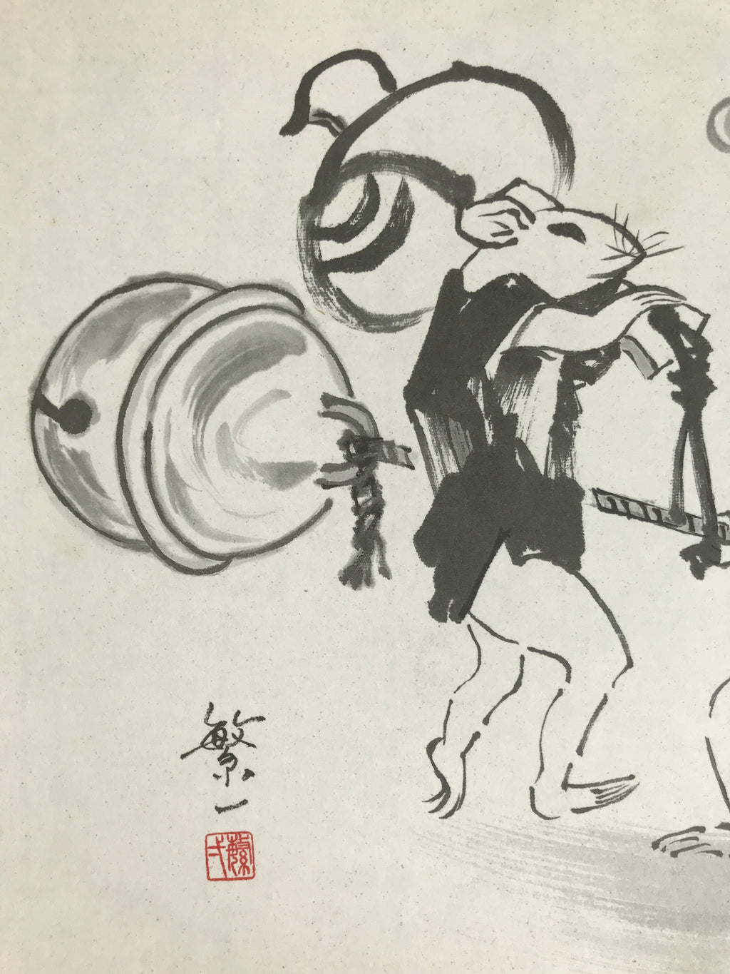 Japanese Shikishi Art Board Vtg Painting Mouse Kimono Bell Mallet Black A760