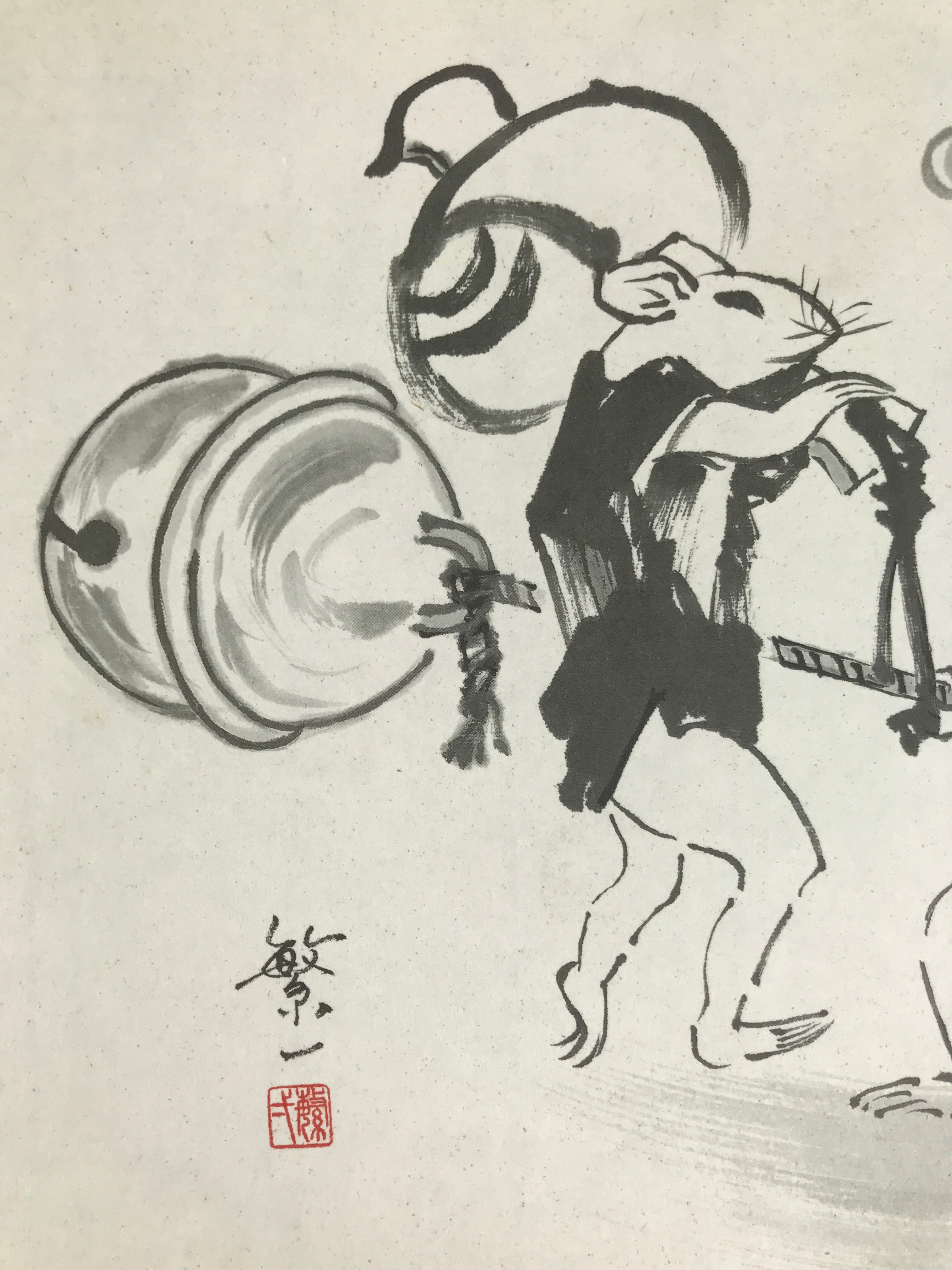 Japanese Shikishi Art Board Vtg Painting Mouse Kimono Bell Mallet Black A760