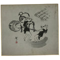 Japanese Shikishi Art Board Vtg Painting Mouse Kimono Bell Mallet Black A760