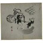 Japanese Shikishi Art Board Vtg Painting Mouse Kimono Bell Mallet Black A760