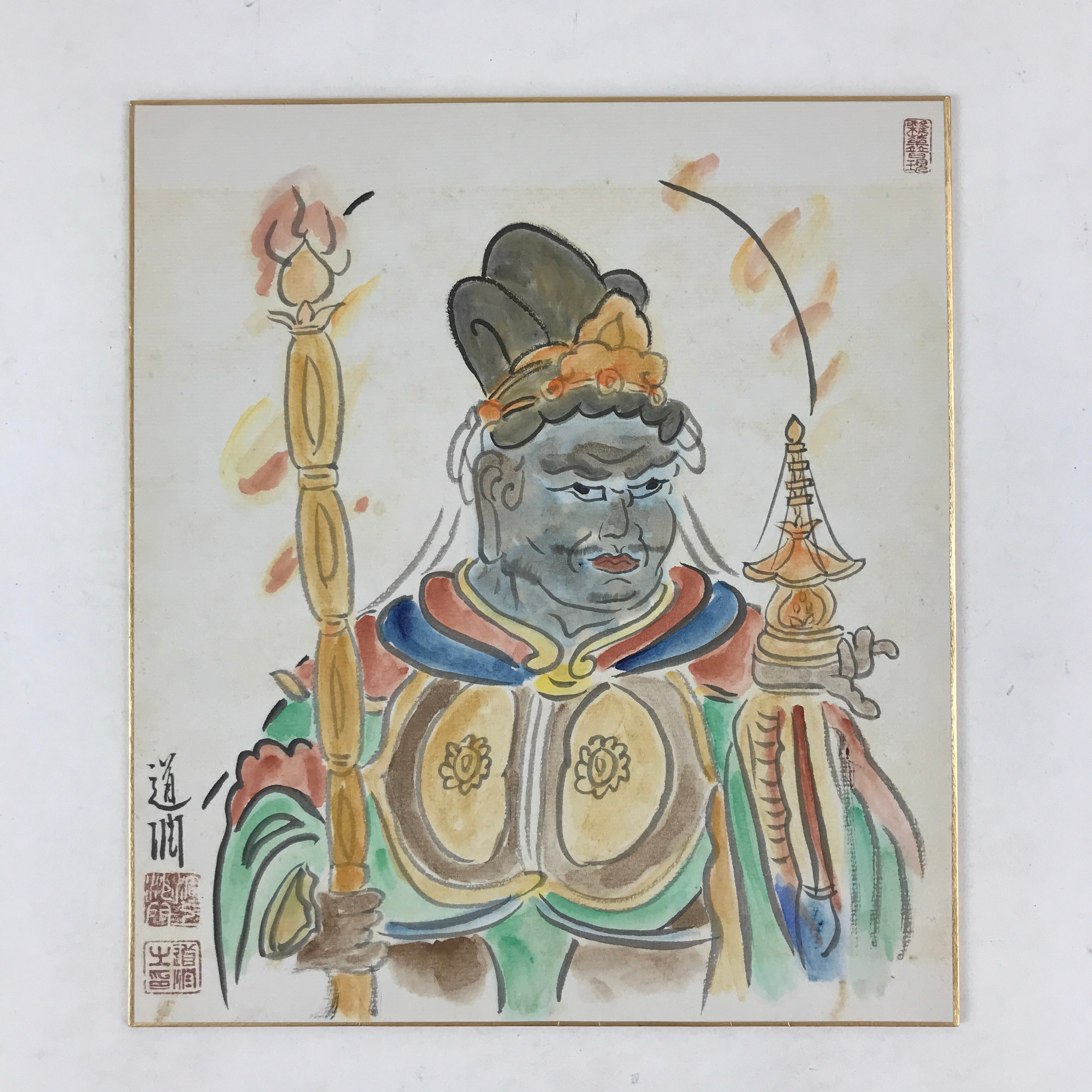 Japanese Shikishi Art Board Vtg Painting Nihonga Blue Buddhist Man A533