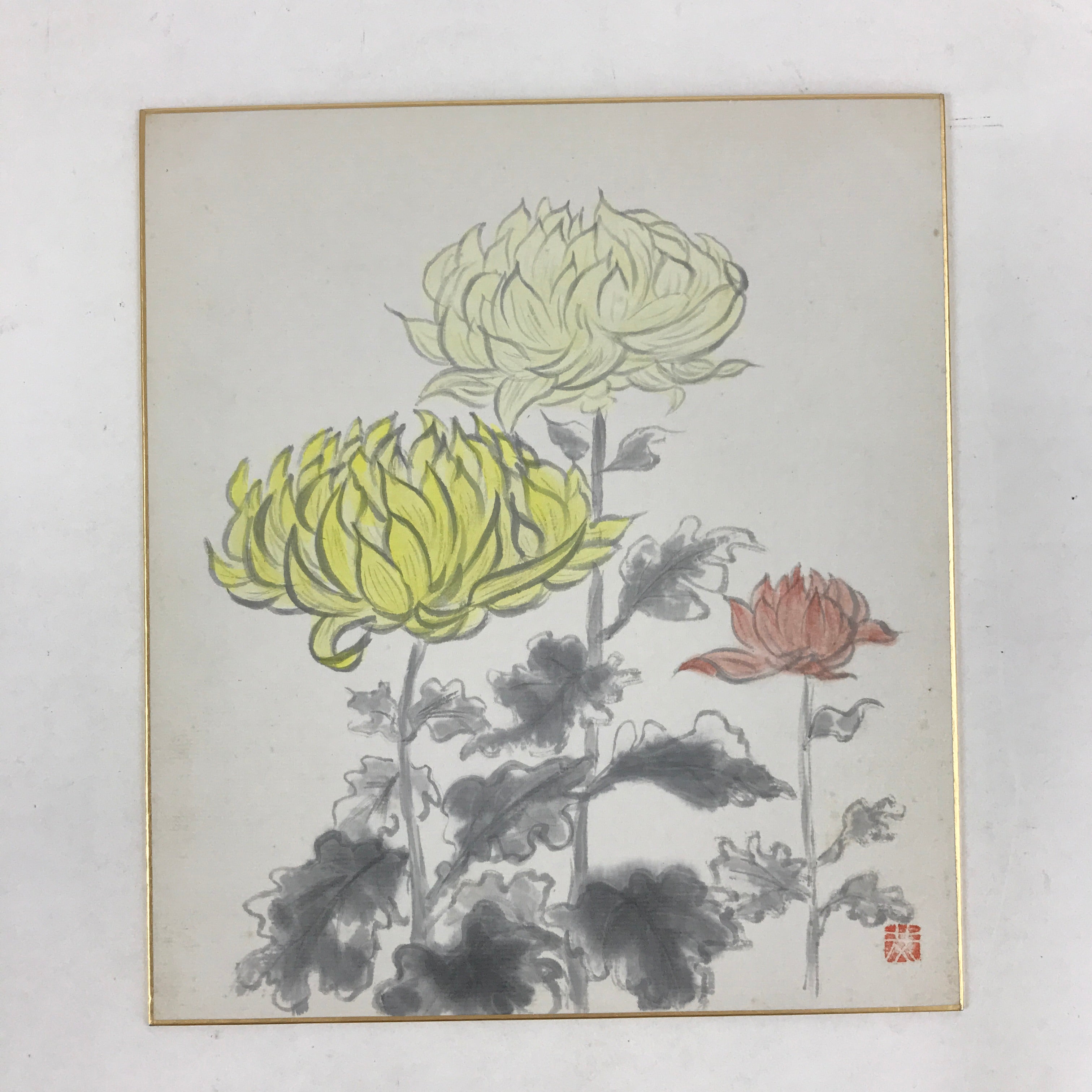 Japanese Shikishi Art Board Vtg Painting Nihonga Picture Chrysanthemums A522