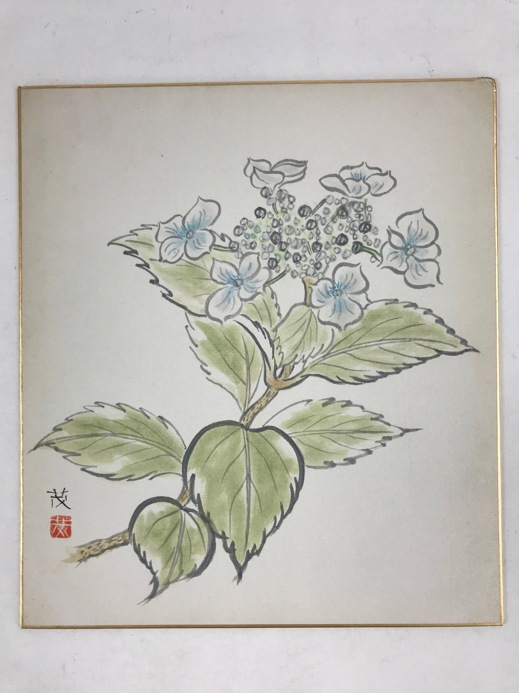 Japanese Shikishi Art Board Vtg Painting Nihonga Picture Hydrangea Ajisai A526