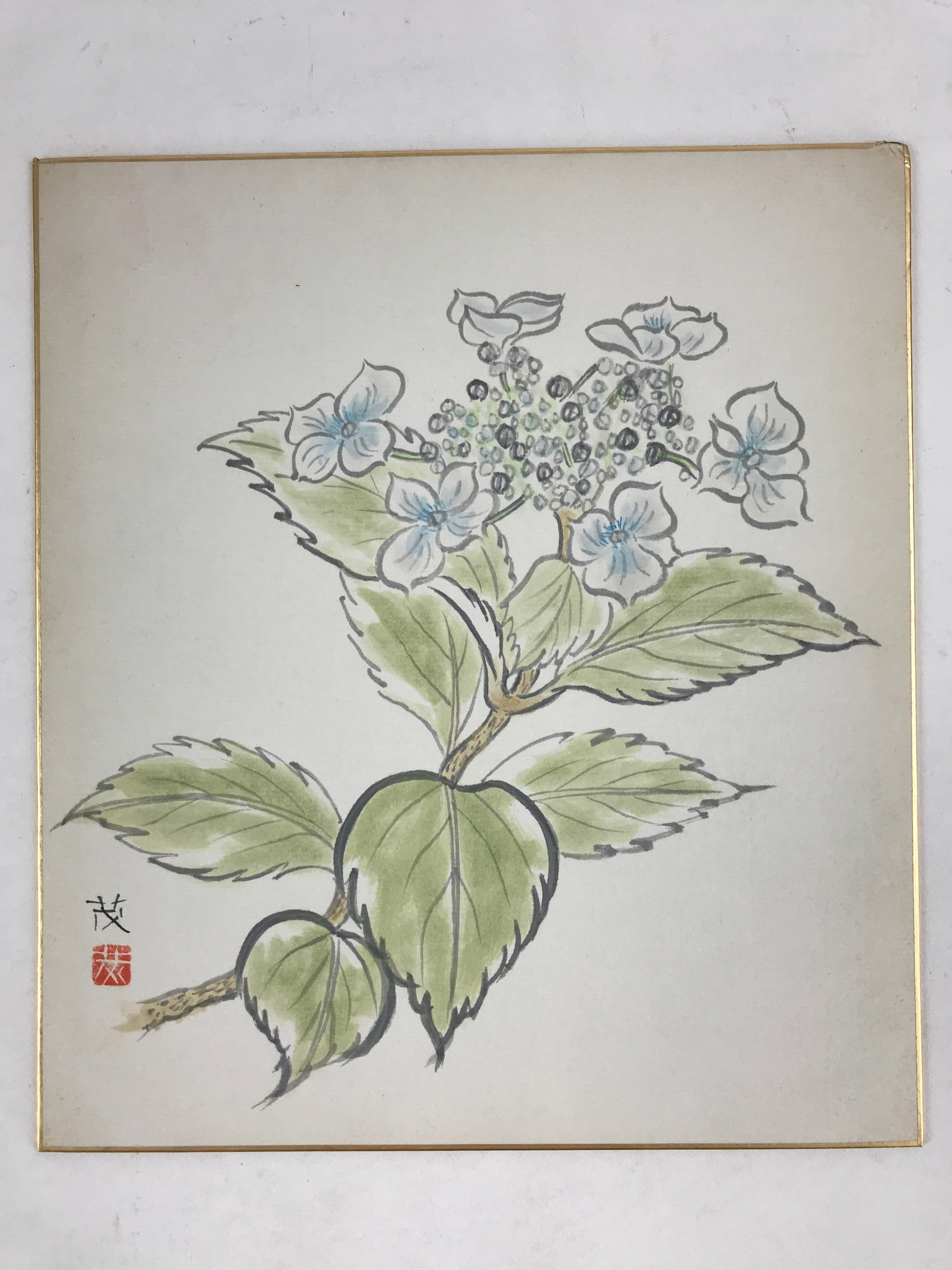 Japanese Shikishi Art Board Vtg Painting Nihonga Picture Hydrangea Ajisai A526