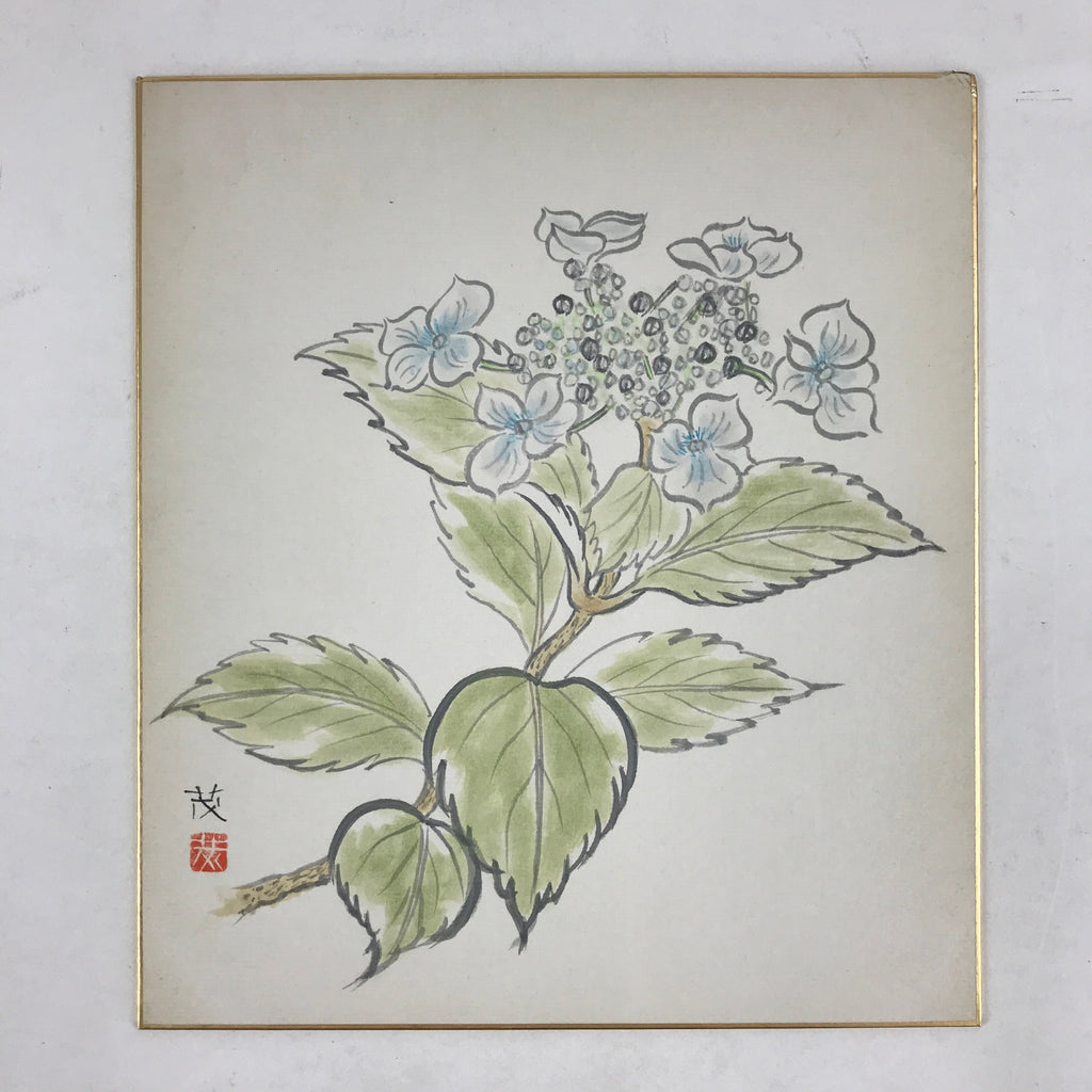 Japanese Shikishi Art Board Vtg Painting Nihonga Picture Hydrangea Ajisai A526
