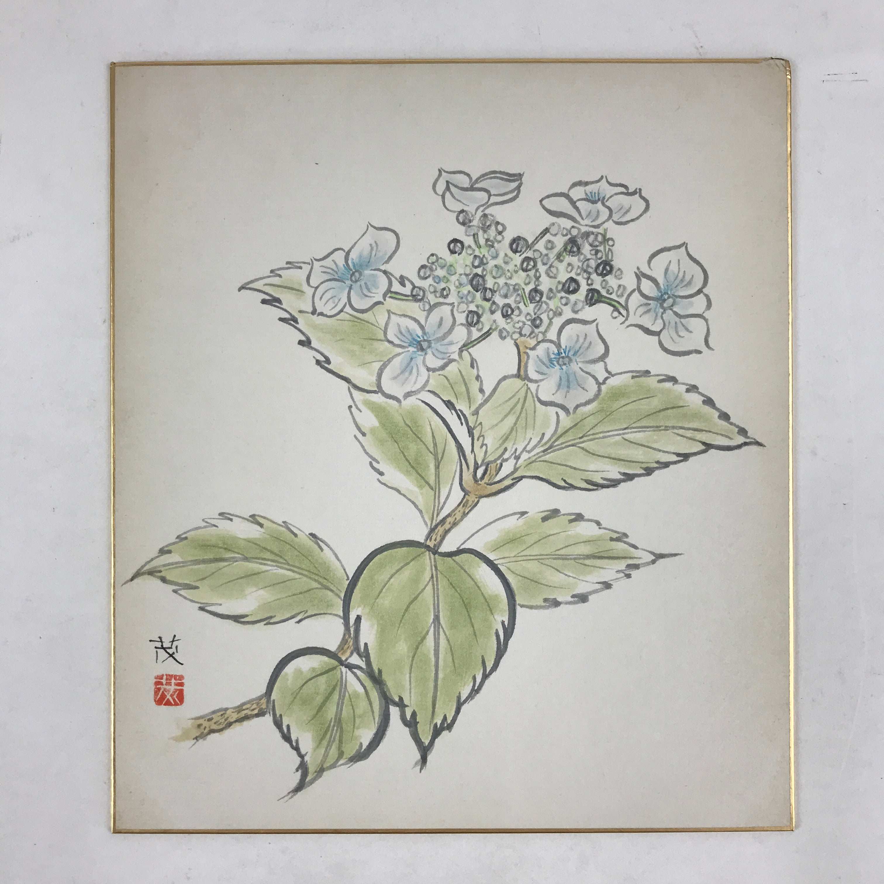 Japanese Shikishi Art Board Vtg Painting Nihonga Picture Hydrangea Ajisai A526