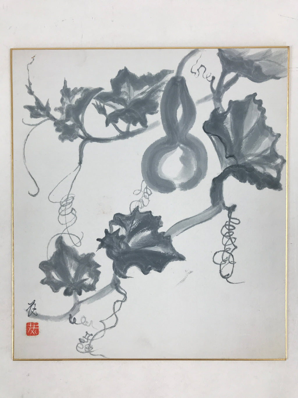 Japanese Shikishi Art Board Vtg Painting Nihonga Picture Hyotan Gourd Vines A521