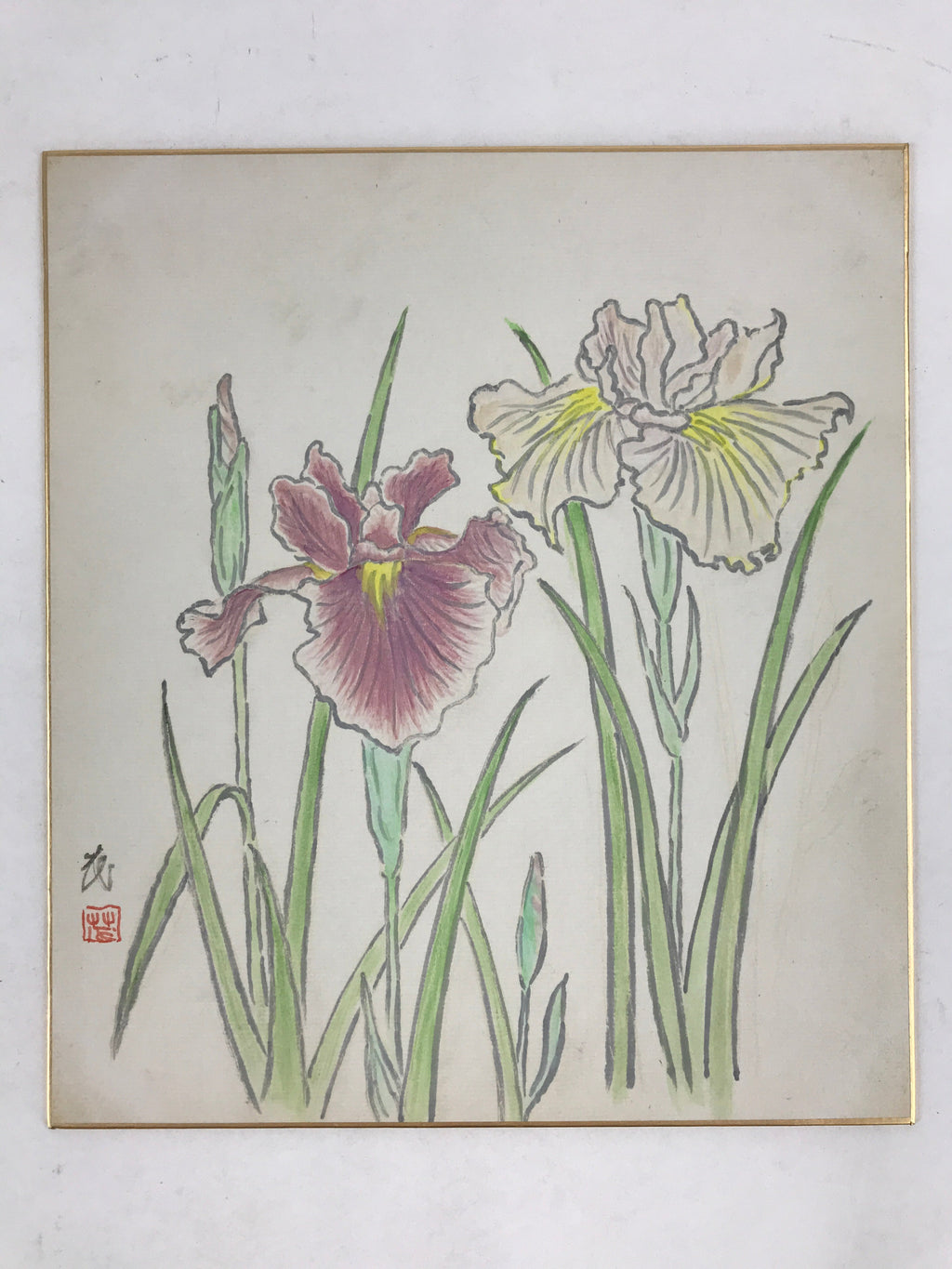 Japanese Shikishi Art Board Vtg Painting Nihonga Picture Iris Hanashoubu A524