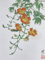 Japanese Shikishi Art Board Vtg Painting Nihonga Picture Orange Cosmos A525