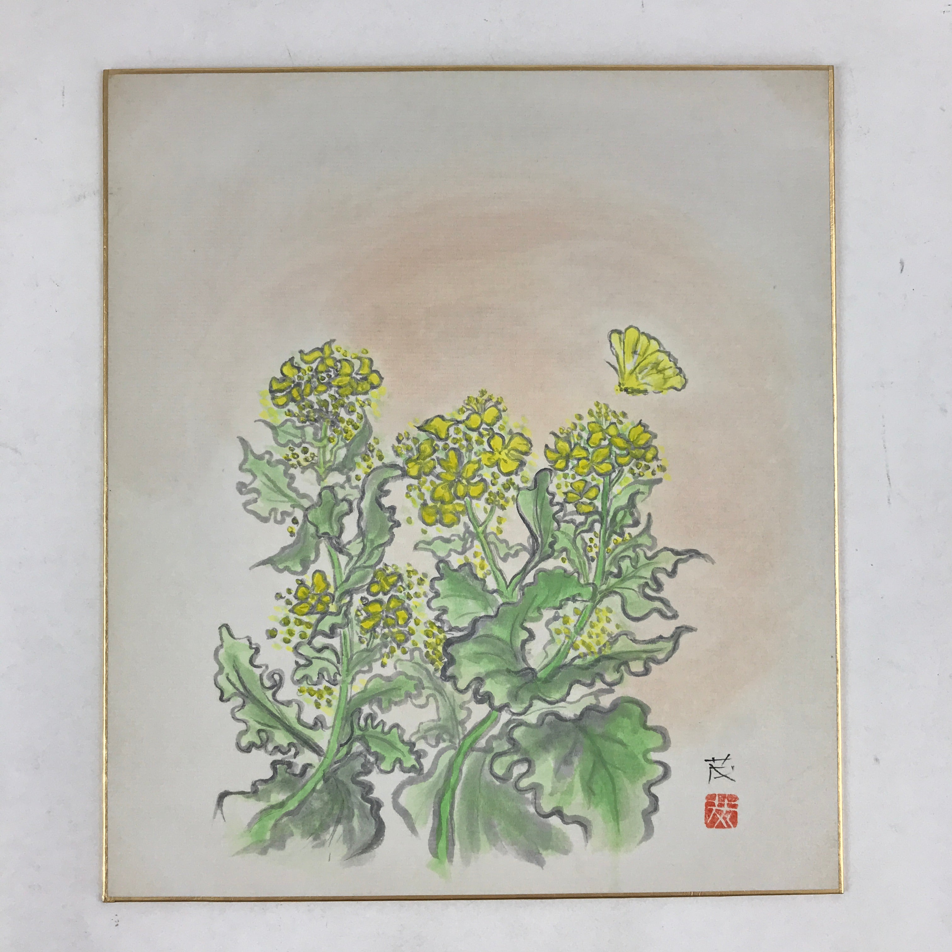 Japanese Shikishi Art Board Vtg Painting Nihonga Picture Yellow Nanohana A527