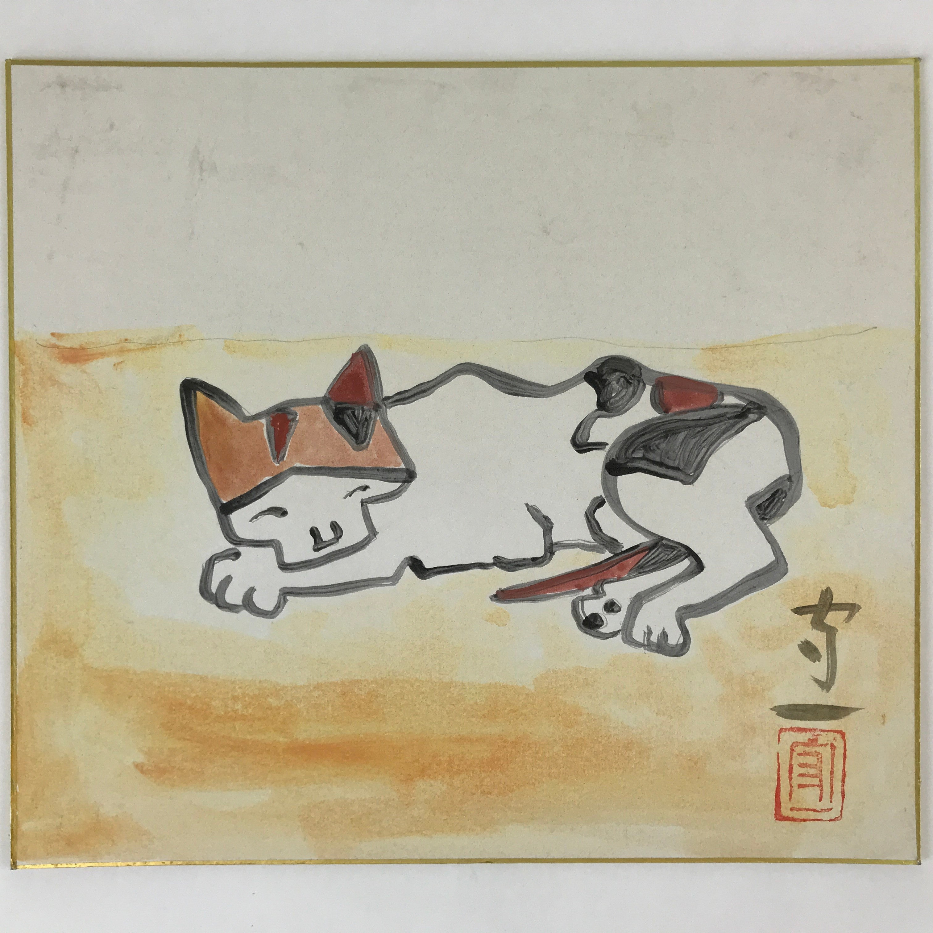 Japanese Shikishi Art Board Vtg Sleeping Cat White Orange Brown A625