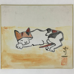 Japanese Shikishi Art Board Vtg Sleeping Cat White Orange Brown A625