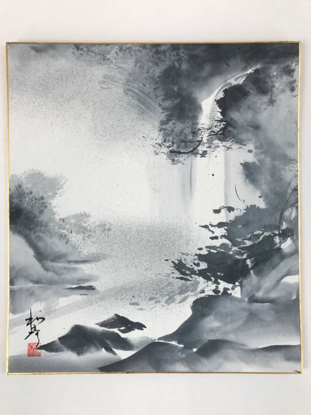 Japanese Shikishi Art Board Vtg Sumi-e Waterfall Landscape Monochrome A628