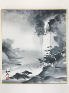 Japanese Shikishi Art Board Vtg Sumi-e Waterfall Landscape Monochrome A628